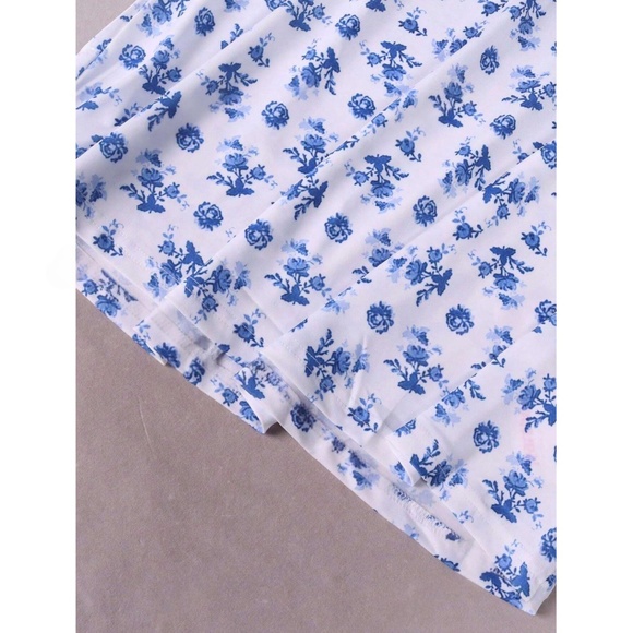 Floral Print Blue on White Long Dress Sheath, Drawstring Ties Maxi Stretchy - Picture 11 of 13